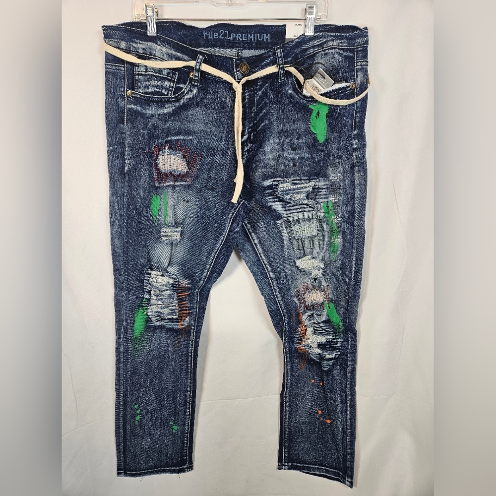 Rue21 Premium Supreme Flex Skinny Jeans 34x30 Distressed Paint Splatter NWT